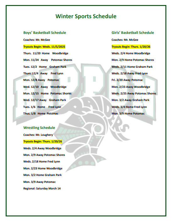Winter Athletics Schedule